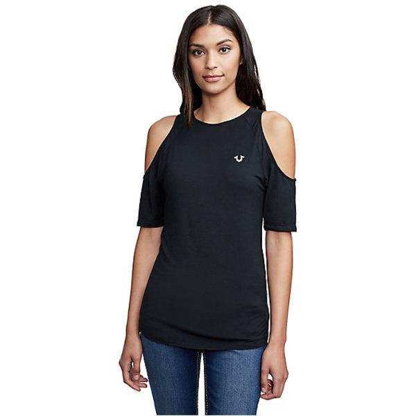 Women's Horseshoe Logo Cold Shoulder Top | Black | Size Small | True Religion