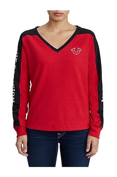 Women's Rounded V Panel Sleeve Top | Ruby Red | Size X Small | True Religion