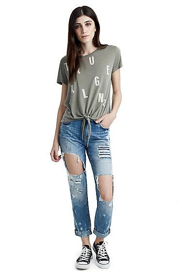 Tie Front Graphic Womens Tee | Military Green  | Size X Small | True Religion