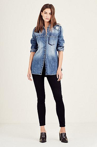 Distressed Georgia Womens Shirt | Indigo | Size X Small | True Religion