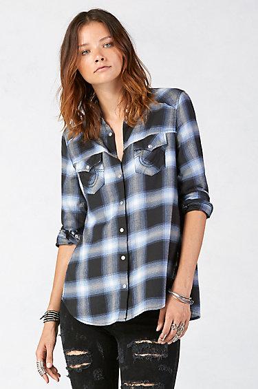 True Religion Relaxed Plaid Georgia Womens Shirt - Blue