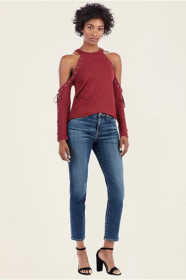 Womens Cold Shoulder Lace Up Eyelet Top | Ox Blood  | Size Medium | True Religion