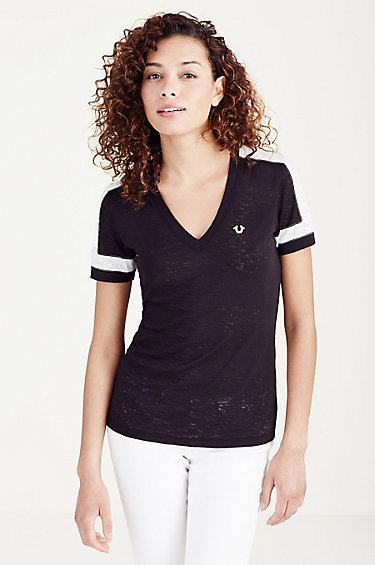 True Religion Paneled Deep V Womens Tee - Black/white