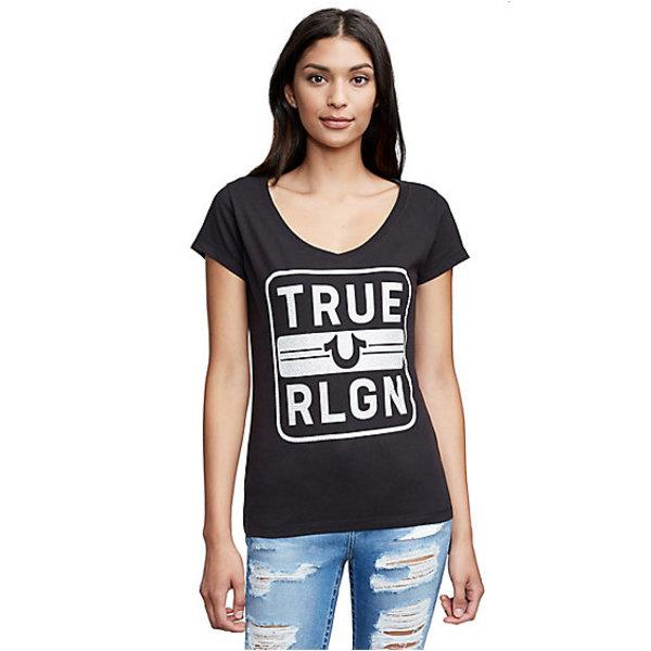 Women's True Religion Box Round V Neck Tee | Black | Size X Small