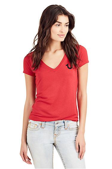 Classic Logo Deep V Neck Womens Tee | Ruby Red | Size Xx Small | True Religion