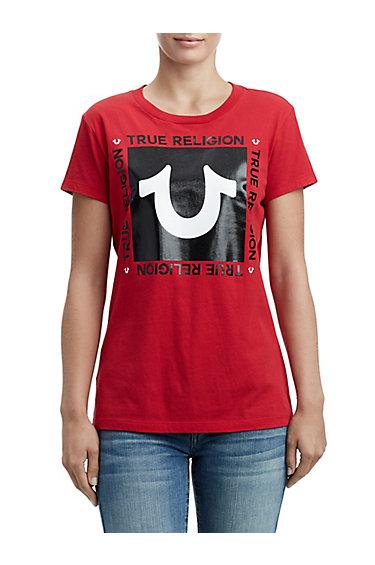 Women's Horseshoe Square Crew Tee | Ruby Red | Size X Small | True Religion