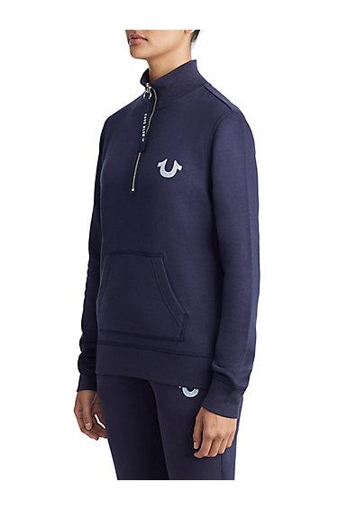 Womens Crystal Embellished Buddha Fleece Pullover | Navy | Size X Small | True Religion