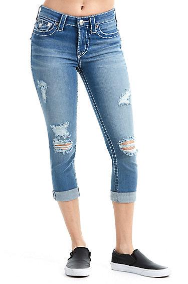 Women's Curvy Fit Big T Capri | Dusty Indigo Destroyed | Size 38 | True Religion