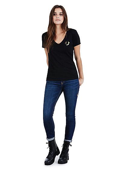 Camo True Womens V Neck Tee | Black | Size X Small | True Religion