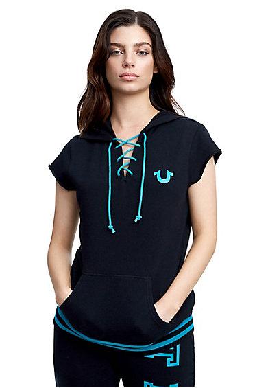 Women's Lace Up Hoodie | Black | Size X Small | True Religion