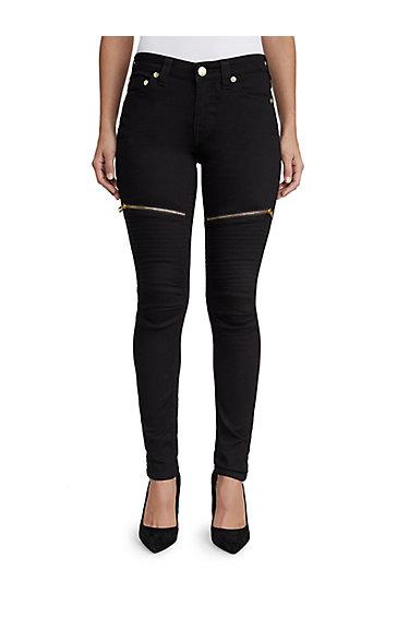 Womens Curvy Moto Zip Super Skinny Jean | Body Rinse Black | Size 36 | True Religion