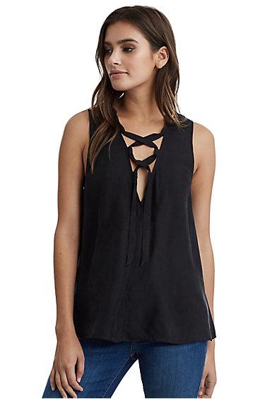 Women's Low V Tank Top W Lace Up Detail | Black | Size X Small | True Religion