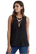 Women's Low V Tank Top W Lace Up Detail | Black | Size X Small | True Religion