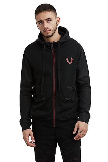 Mens Constrast Stitch Coated Zip Up Hoodie | Black | Size Small | True Religion
