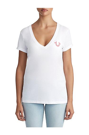 Womens Crystal Embellished Buddha Logo Tee For Breast Cancer | White | Size Xx Small | True Religion