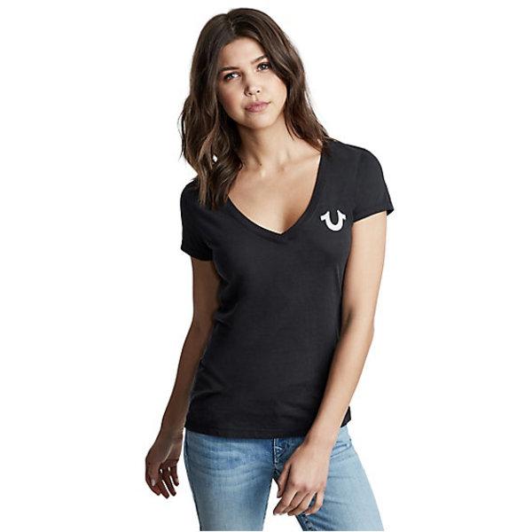 Classic Logo Deep V Neck Womens Tee | Black | Size Small | True Religion