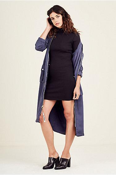 Womens Ribbed Mock Neck Sweater Dress | Black | Size Medium | True Religion