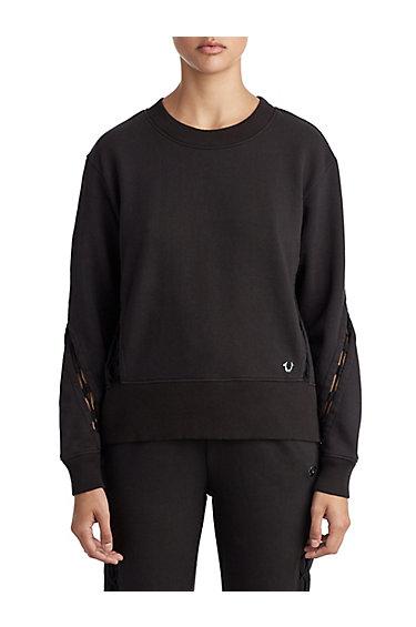 Womens Lattice Insert Lace Up Pullover | Black | Size X Small | True Religion
