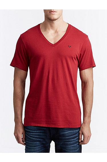 Mens Classic V Neck Tee | Ruby Red | Size X Small | True Religion