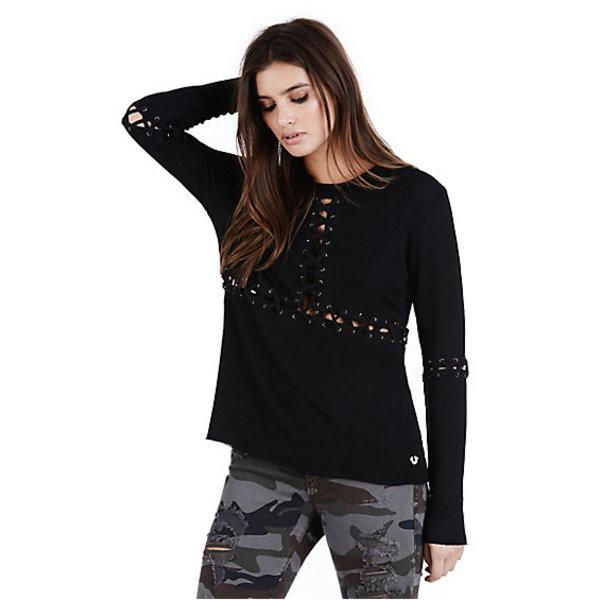 Lace Up Panel Womens Top | Black | Size Small | True Religion