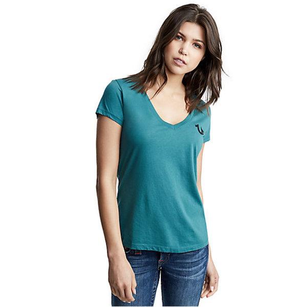 Classic Logo Deep V Neck Womens Tee | Peacock | Size Medium | True Religion