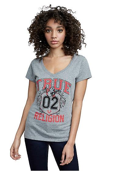 Women's True Crest Round V Neck Tee | Heather Grey | Size Xx Small | True Religion