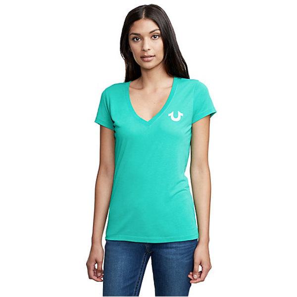 Women's Crystal Classic Logo Deep V Neck Tee | Green | Size X Small | True Religion