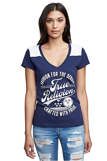 Women's True Buddha Deep V Football Tee | Navy | Size Xx Small | True Religion