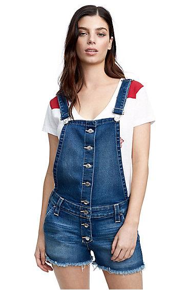 Women's Button Front Denim Short Overall | Indigo Shadows | Size X Small | True Religion
