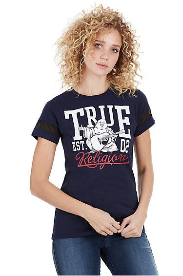 Mesh Buddha Panel Crew Neck Womens Tee | Navy | Size Medium | True Religion