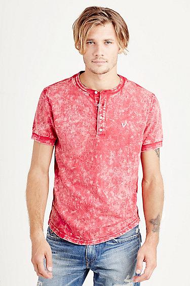 True Religion Acid Wash Mens Henley Tee - Ruby Red