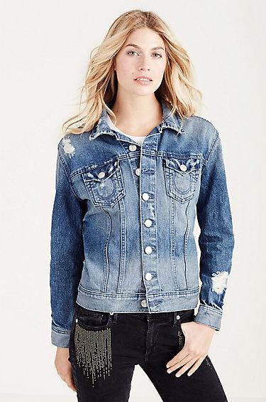 Gigi Womens Trucker Jacket | Destroyed Gypsy | Size X Large | True Religion