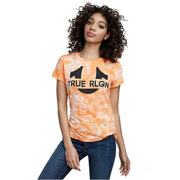 Women's Horseshoe Tie Dye Crew Neck Tee | Coral | Size Large | True Religion