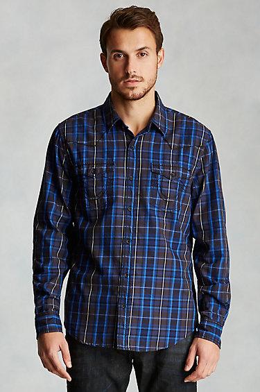 True Religion Plaid Western Mens Shirt - Navy