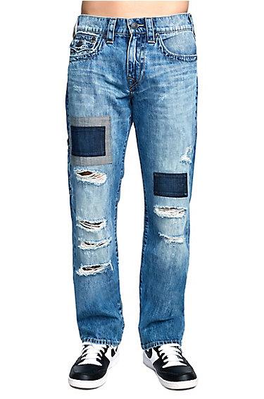 Mens Destroyed Patch Ricky Straight Jean W/ Flap | Worn Range | Size 28 | True Religion