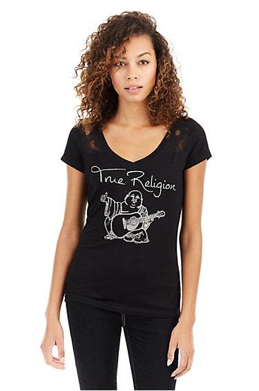 Crystal Buddha Panel Rounded V Neck Womens Tee | Black | Size X Small | True Religion
