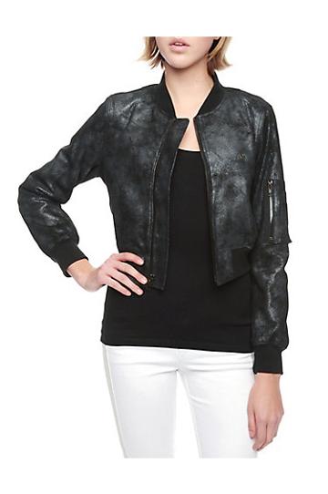 True Religion Foiled Leather Womens Bomber Jacket - Anthracite