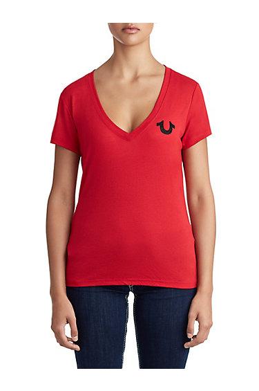 Womens Crystal Embellished Classic Buddha Logo Tee | Ruby Red | Size X Small | True Religion