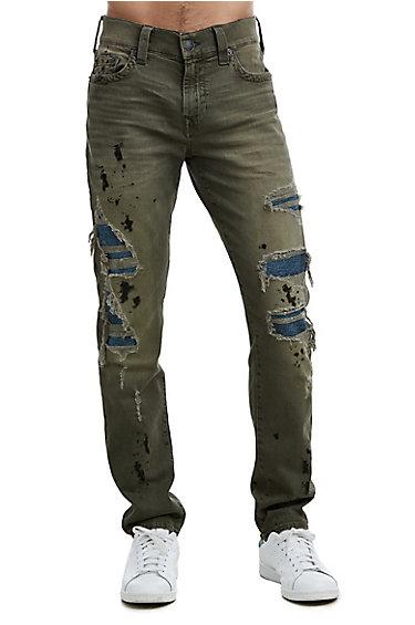 Mens Destroyed Patch Geno Slim Jean | Green Metropolis | Size 28 | True Religion