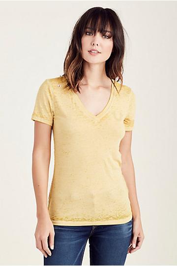 Buddha Burnout Slim Womens Tee | Yellow | Size Small | True Religion