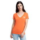 Women's Crystal Classic Logo Deep V Neck Tee | Coral | Size X Small | True Religion