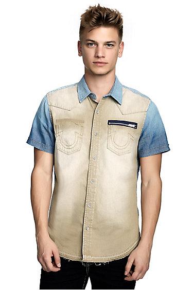 Mens Two Tone Western Denim Button Up Shirt | Fbq Upland | Size Small | True Religion