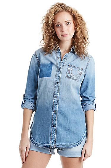 Women's Denim Paneled Boyfriend Shirt | Spring Daze | Size X Small | True Religion