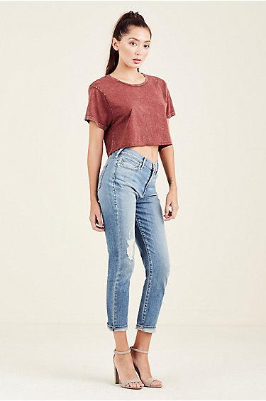 Cropped Boyfriend Womens Tee | Ox Blood  | Size X Small | True Religion