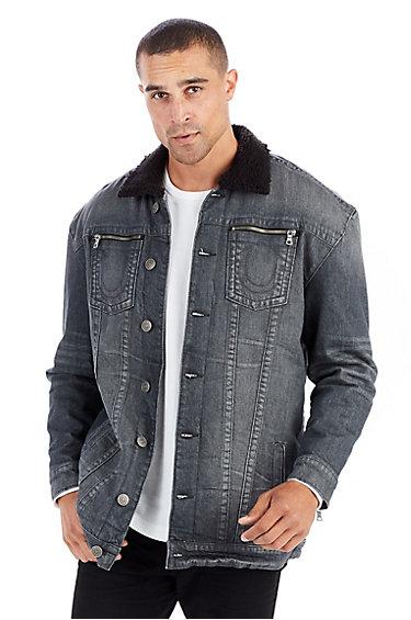 Elongated Turner Mens Sherpa Denim Jacket | Gravel | Size Small | True Religion