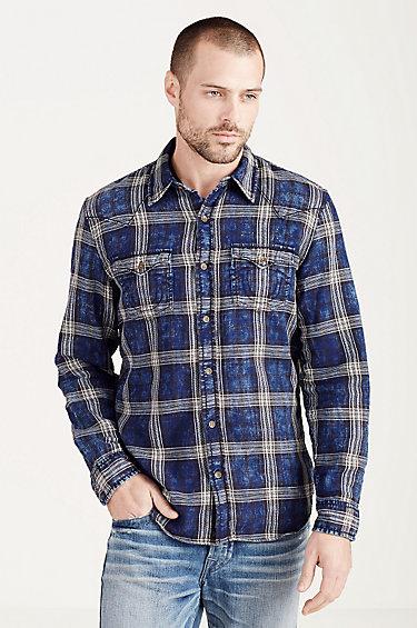 Hand Picked Indigo Plaid Mens Western Shirt | Size Medium | True Religion