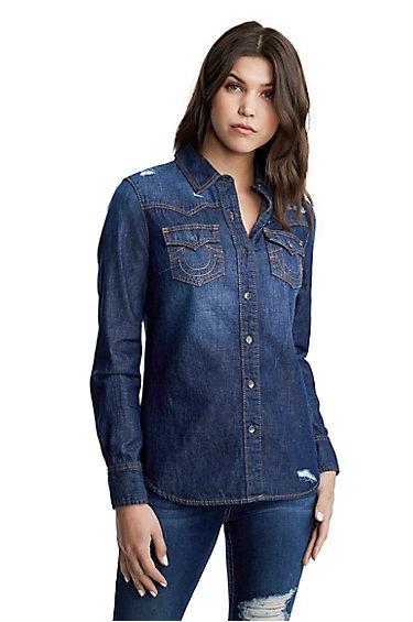 Georgia Western Denim Shirt | Exad Radiant Indigo W/destroy | Size X Small | True Religion