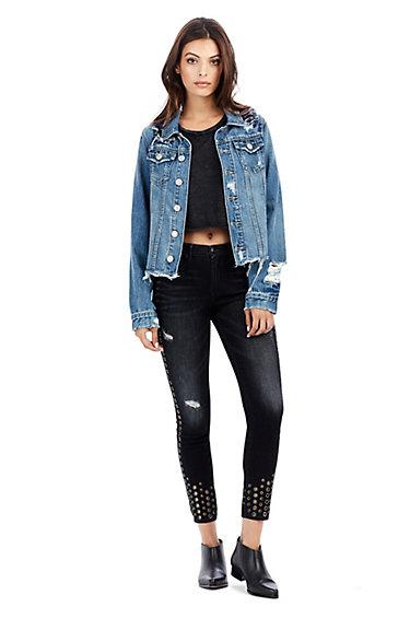 Womens Embroidered Danni Denim Jacket | Aquarius Blues Destroy | Size X Small | True Religion