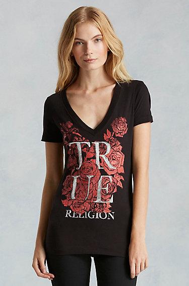 True Religion Hand Picked Hidden Roses V-neck Womens Tee - Black