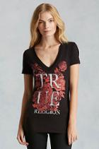 True Religion Hand Picked Hidden Roses V-neck Womens Tee - Black